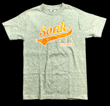 Load image into Gallery viewer, SOAK SHIRT shirt with orange and grey lettering 