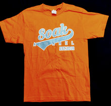 Load image into Gallery viewer, SOAK SHIRT shirt with orange and grey lettering 